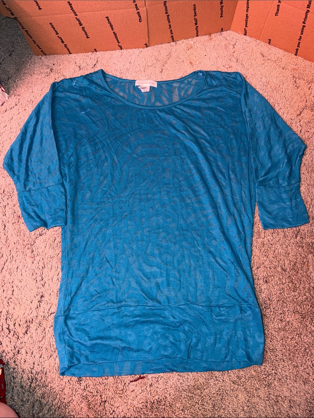 Ambiance Teal Blue Short Sleeve Sheer Knit Top